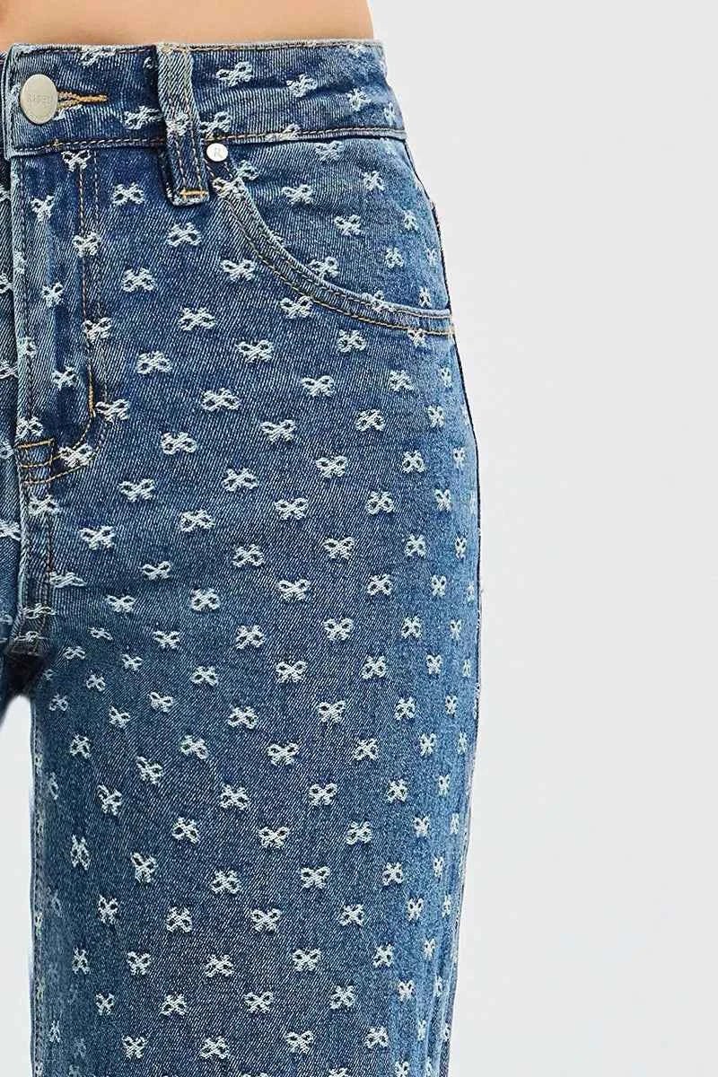 RISEN High Rise Wide Leg Bow Embroidered Jeans - Fashionable and Comfortable High Rise Wide Leg Jeans - MegaSuperStar