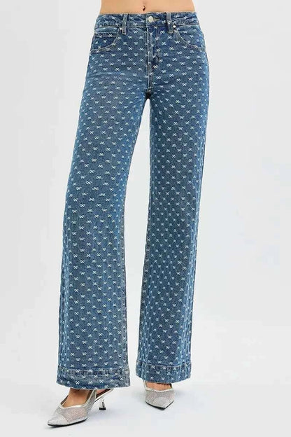 RISEN High Rise Wide Leg Bow Embroidered Jeans - Fashionable and Comfortable High Rise Wide Leg Jeans - MegaSuperStar