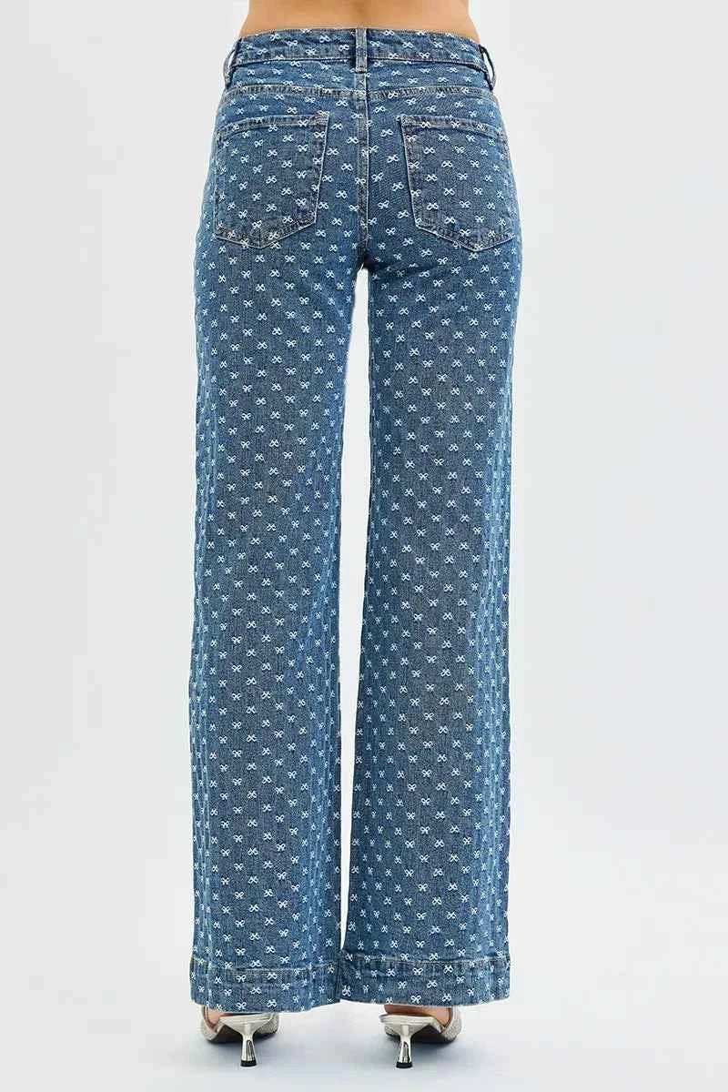 RISEN High Rise Wide Leg Bow Embroidered Jeans - Fashionable and Comfortable High Rise Wide Leg Jeans - MegaSuperStar