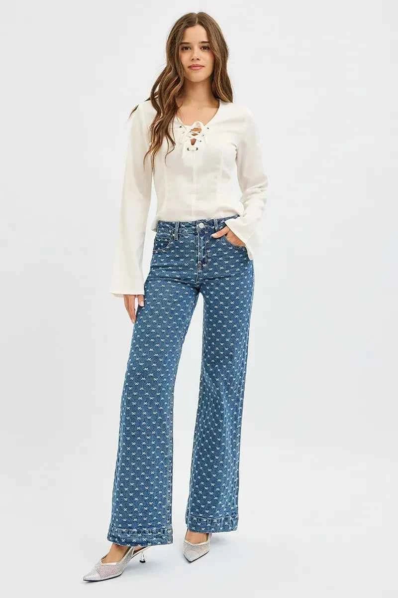 RISEN High Rise Wide Leg Bow Embroidered Jeans - Fashionable and Comfortable High Rise Wide Leg Jeans - MegaSuperStar