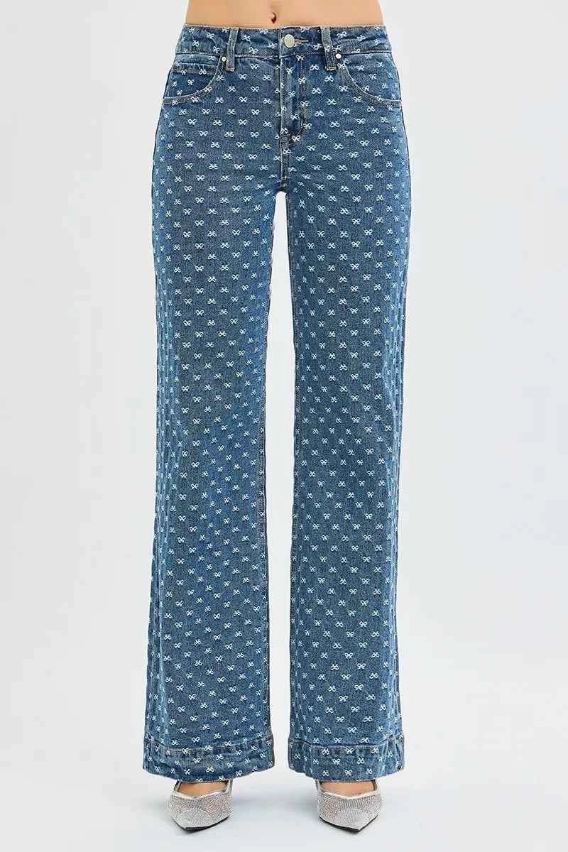 RISEN High Rise Wide Leg Bow Embroidered Jeans - Fashionable and Comfortable High Rise Wide Leg Jeans - MegaSuperStar