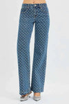 💕 RISEN High Rise Wide Leg Bow Embroidered Jeans - Fashionable and Comfortable High Rise Wide Leg Jeans 💕 thumbnail