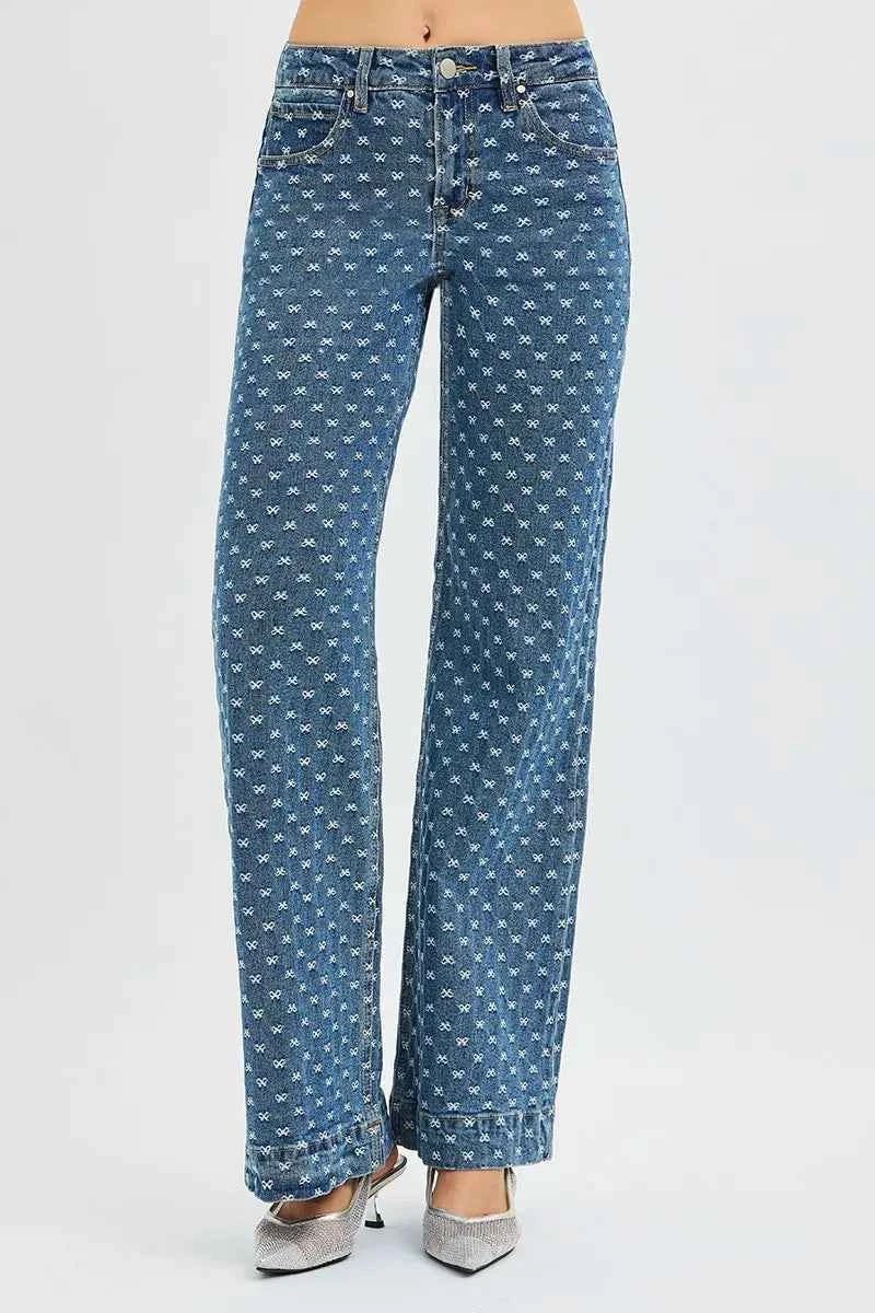 RISEN High Rise Wide Leg Bow Embroidered Jeans - Fashionable and Comfortable High Rise Wide Leg Jeans - MegaSuperStar