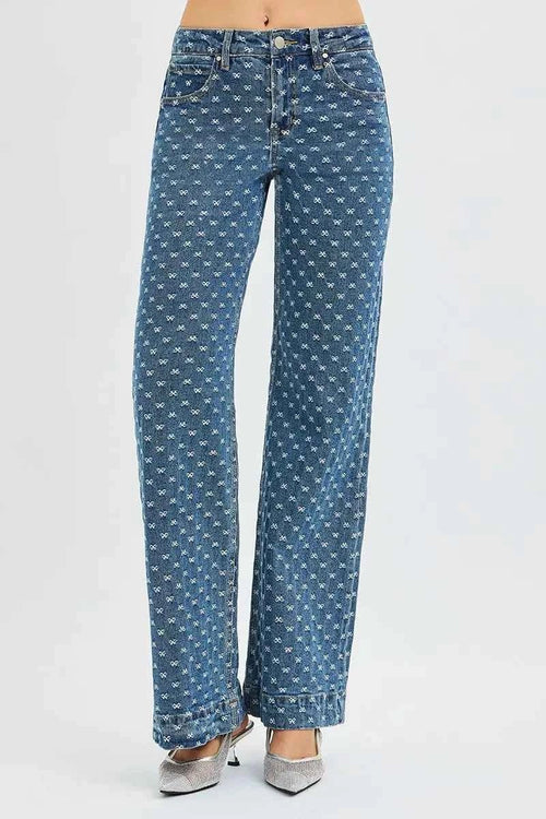 Customer styling 💕 RISEN High Rise Wide Leg Bow Embroidered Jeans - Fashionable and Comfortable High Rise Wide Leg Jeans 💕