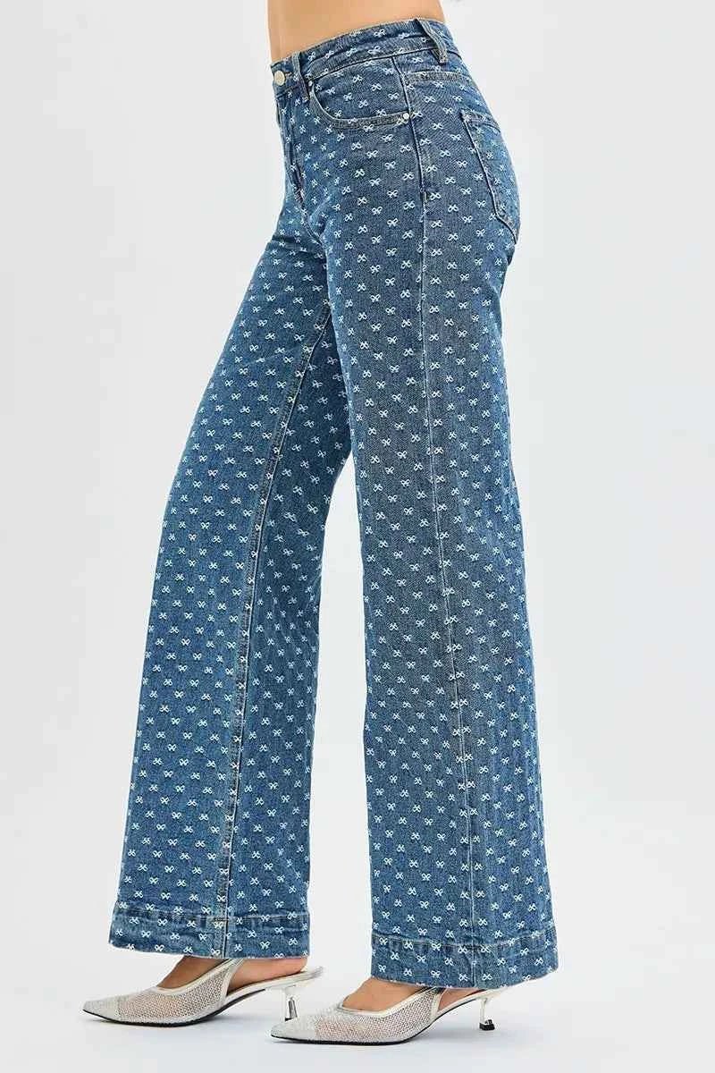 RISEN High Rise Wide Leg Bow Embroidered Jeans - Fashionable and Comfortable High Rise Wide Leg Jeans - MegaSuperStar