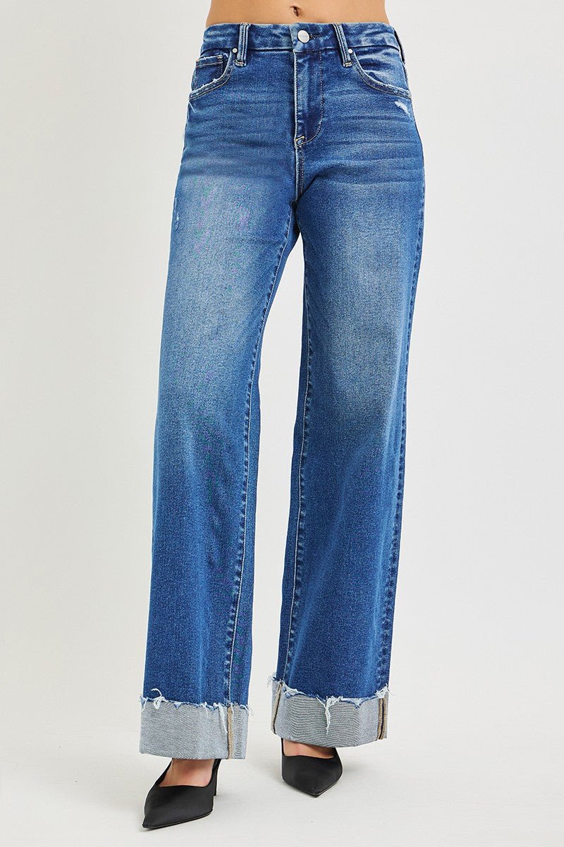 RISEN High Rise Wide Leg Jeans With Cuffed Hem - MegaSuperStar