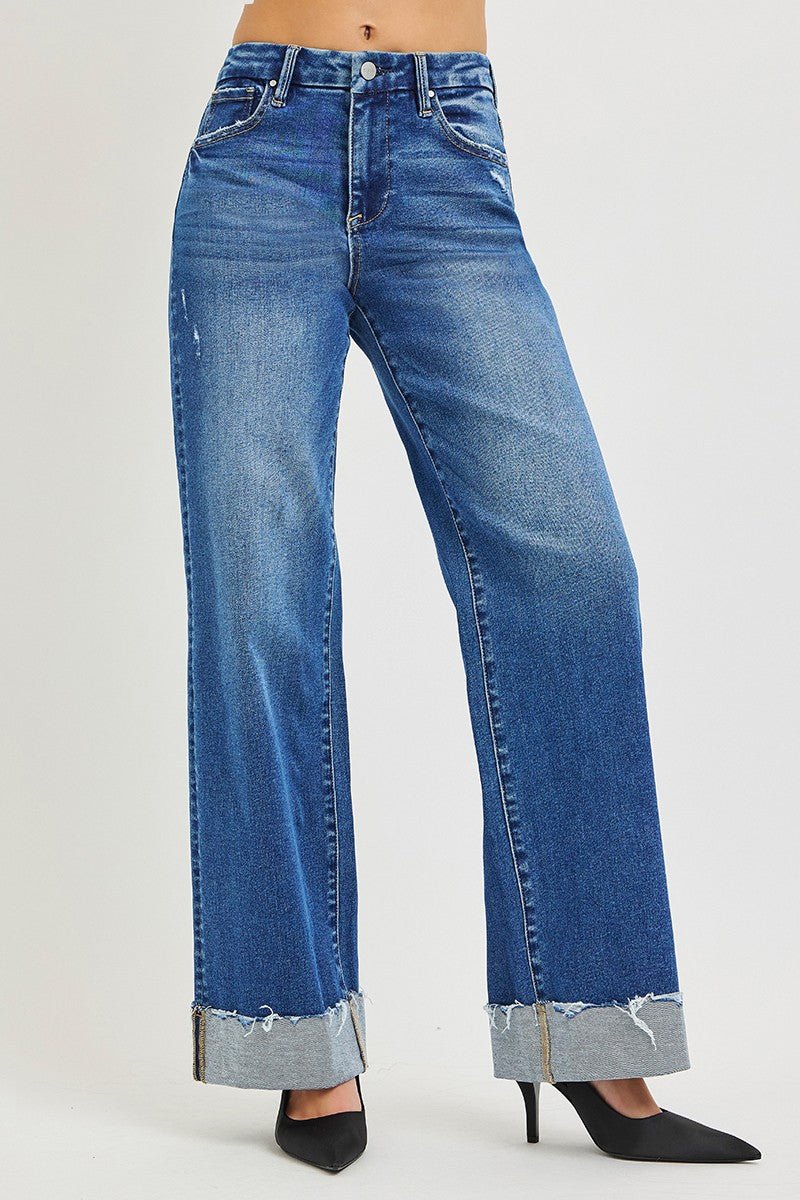 RISEN High Rise Wide Leg Jeans With Cuffed Hem - MegaSuperStar