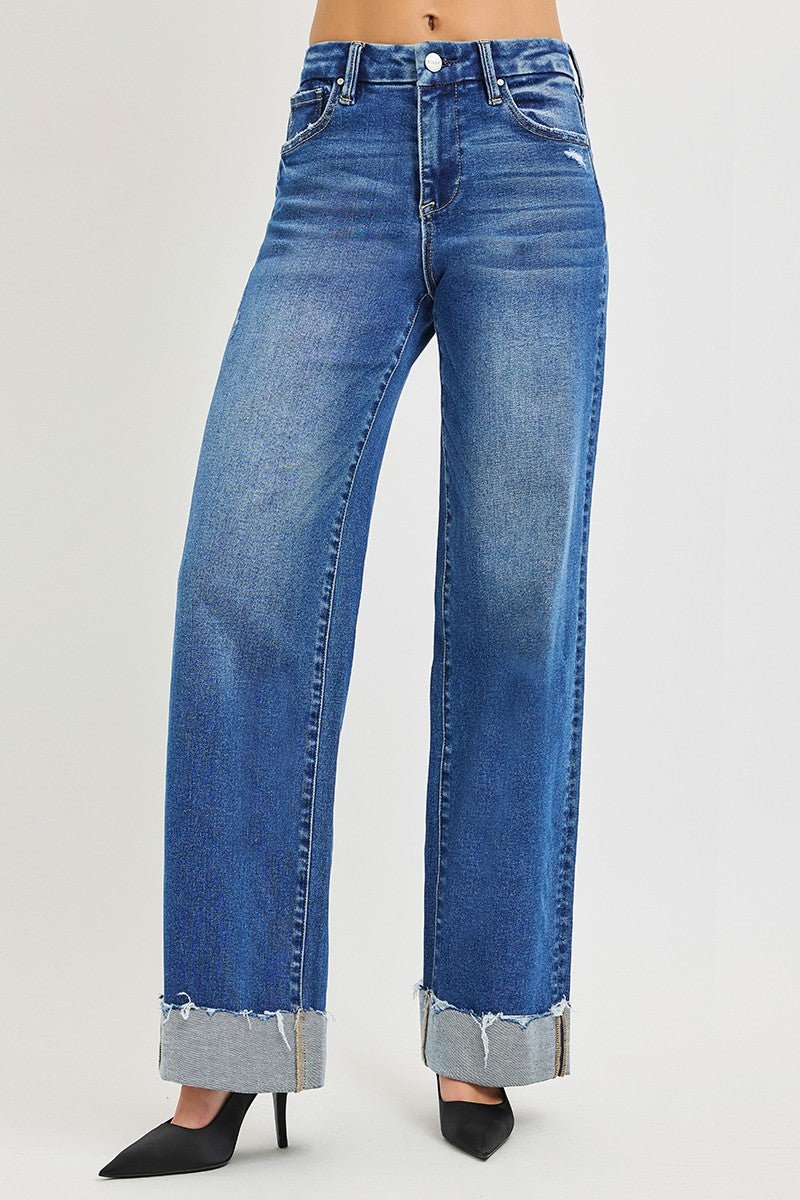 RISEN High Rise Wide Leg Jeans With Cuffed Hem - MegaSuperStar