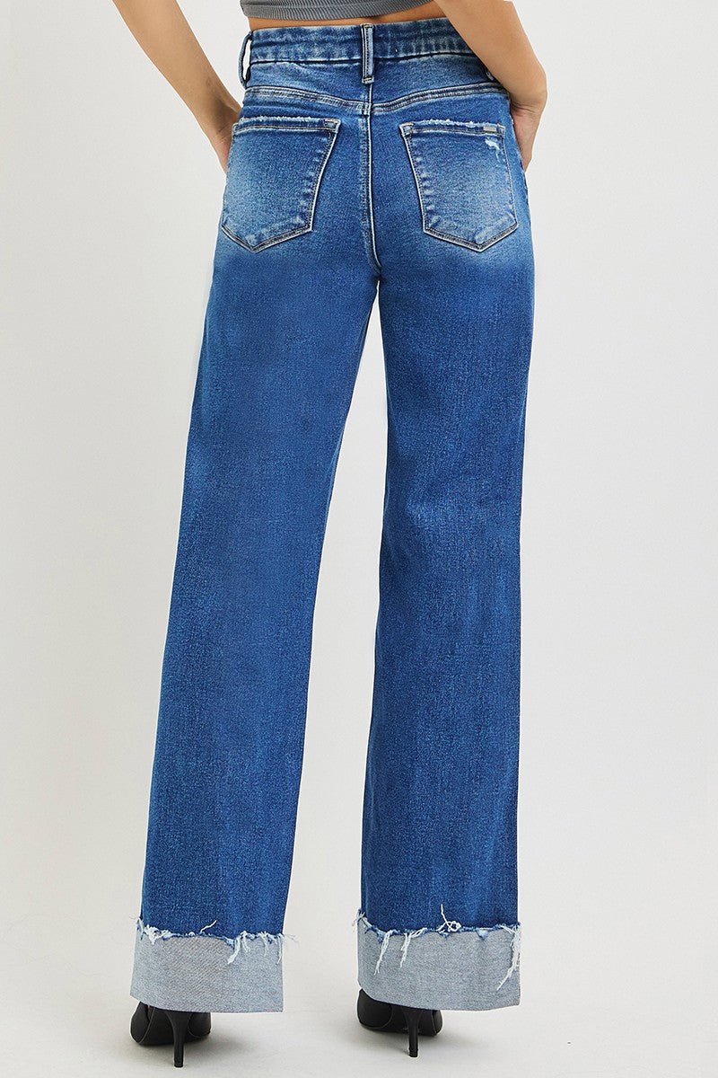 RISEN High Rise Wide Leg Jeans With Cuffed Hem - MegaSuperStar