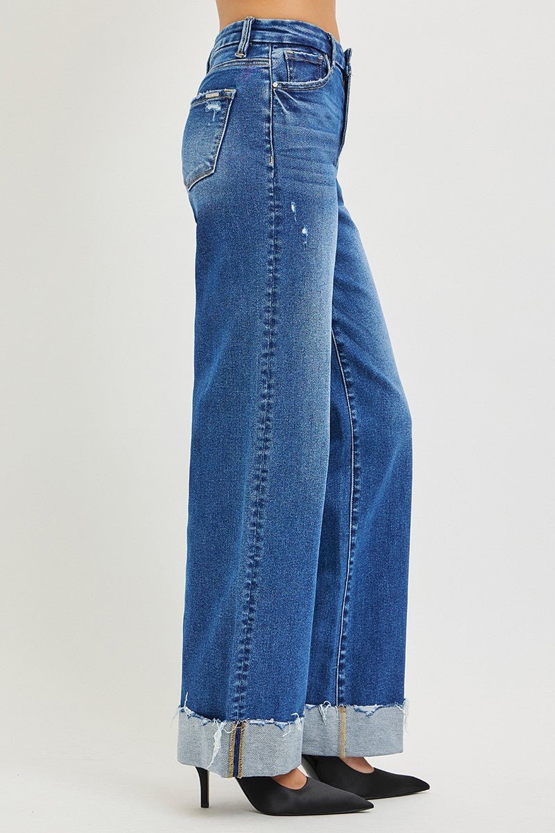 RISEN High Rise Wide Leg Jeans With Cuffed Hem - MegaSuperStar