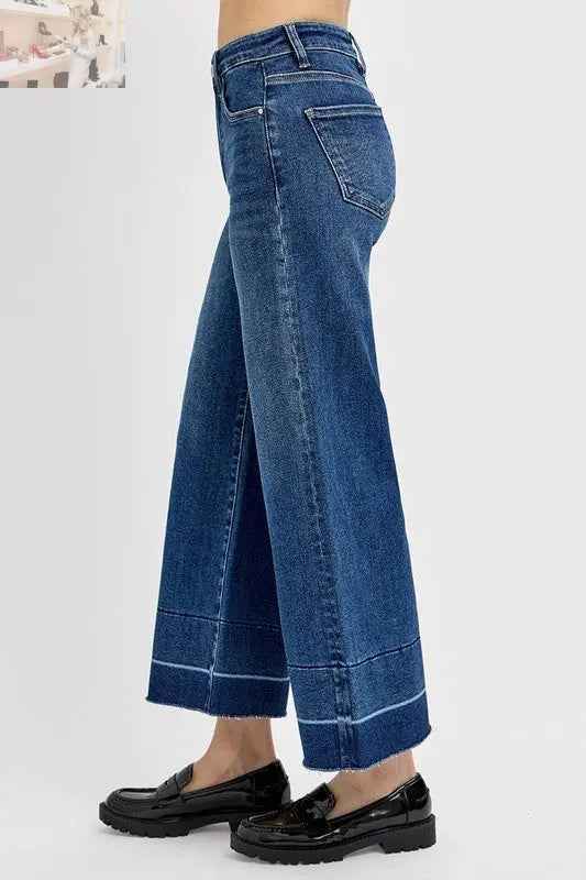 RISEN Plus Size Tummy Control Jeans - High Rise Crop with Wide Hem - MegaSuperStar