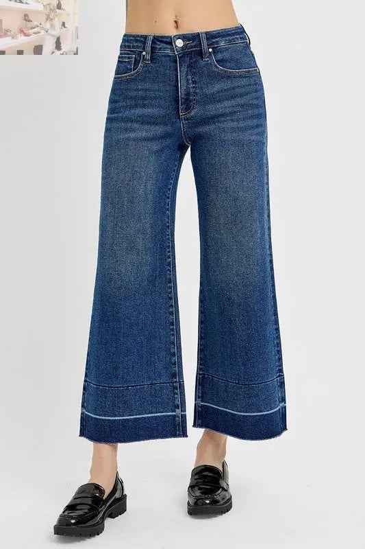 RISEN Plus Size Tummy Control Jeans - High Rise Crop with Wide Hem - MegaSuperStar