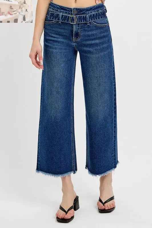 RISEN Raw Hem Wide Leg Jeans with Attached Buckle - MegaSuperStar