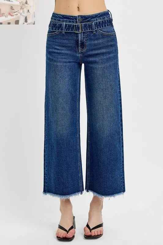RISEN Raw Hem Wide Leg Jeans with Attached Buckle - MegaSuperStar
