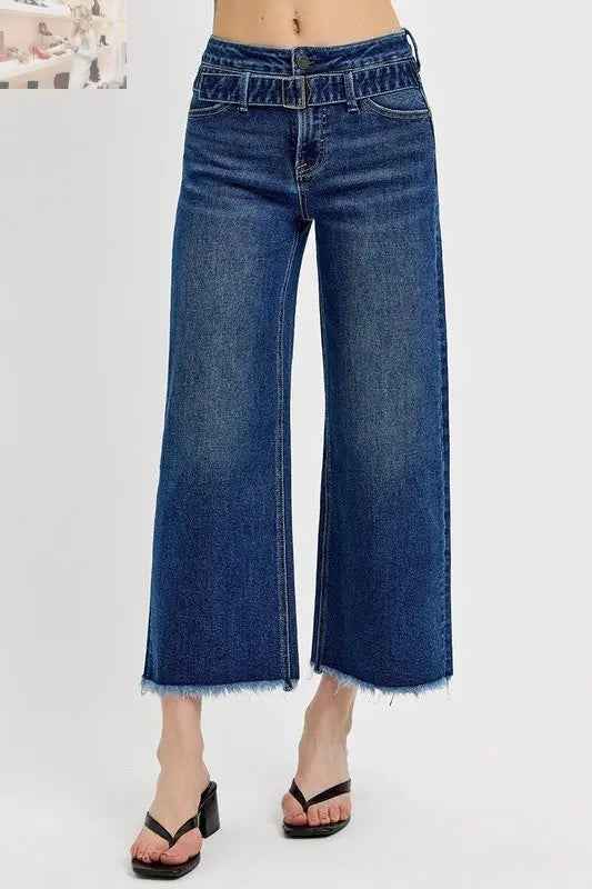 RISEN Raw Hem Wide Leg Jeans with Attached Buckle - MegaSuperStar