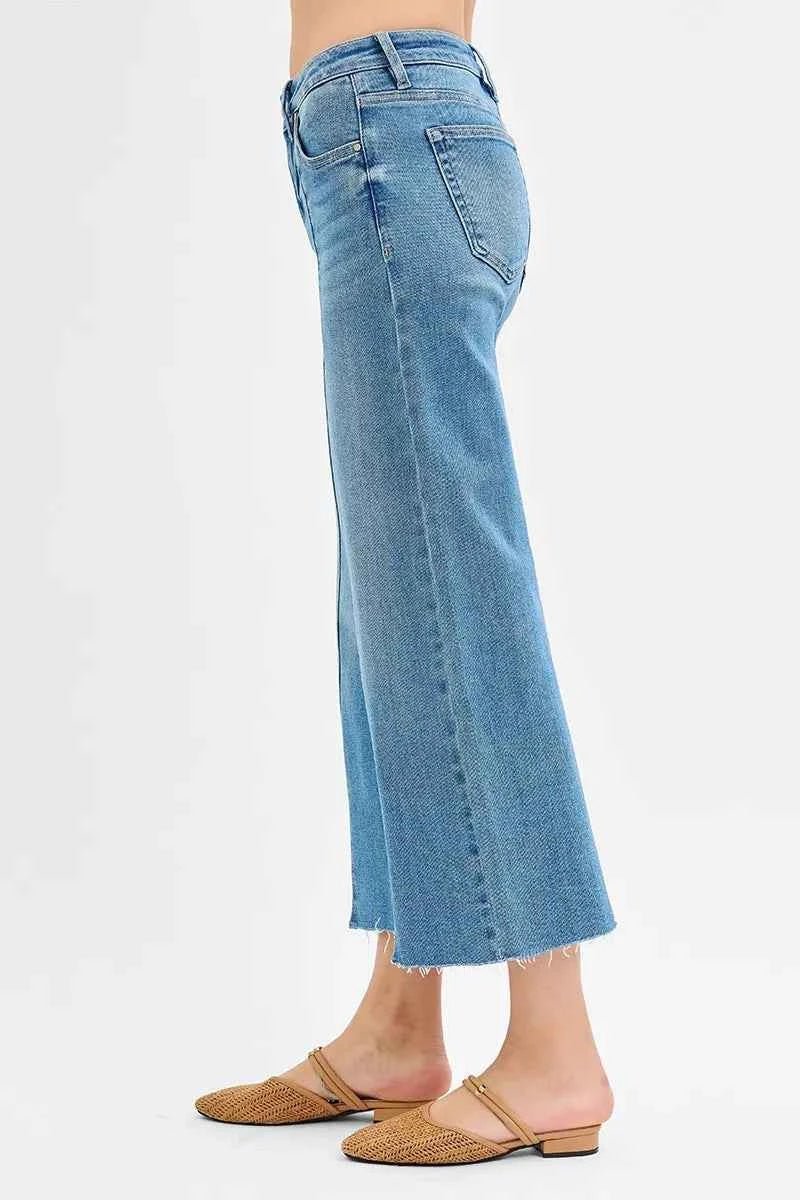 RISEN Tummy Control Wide Leg Jeans with Mid Rise and Front Slit - MegaSuperStar