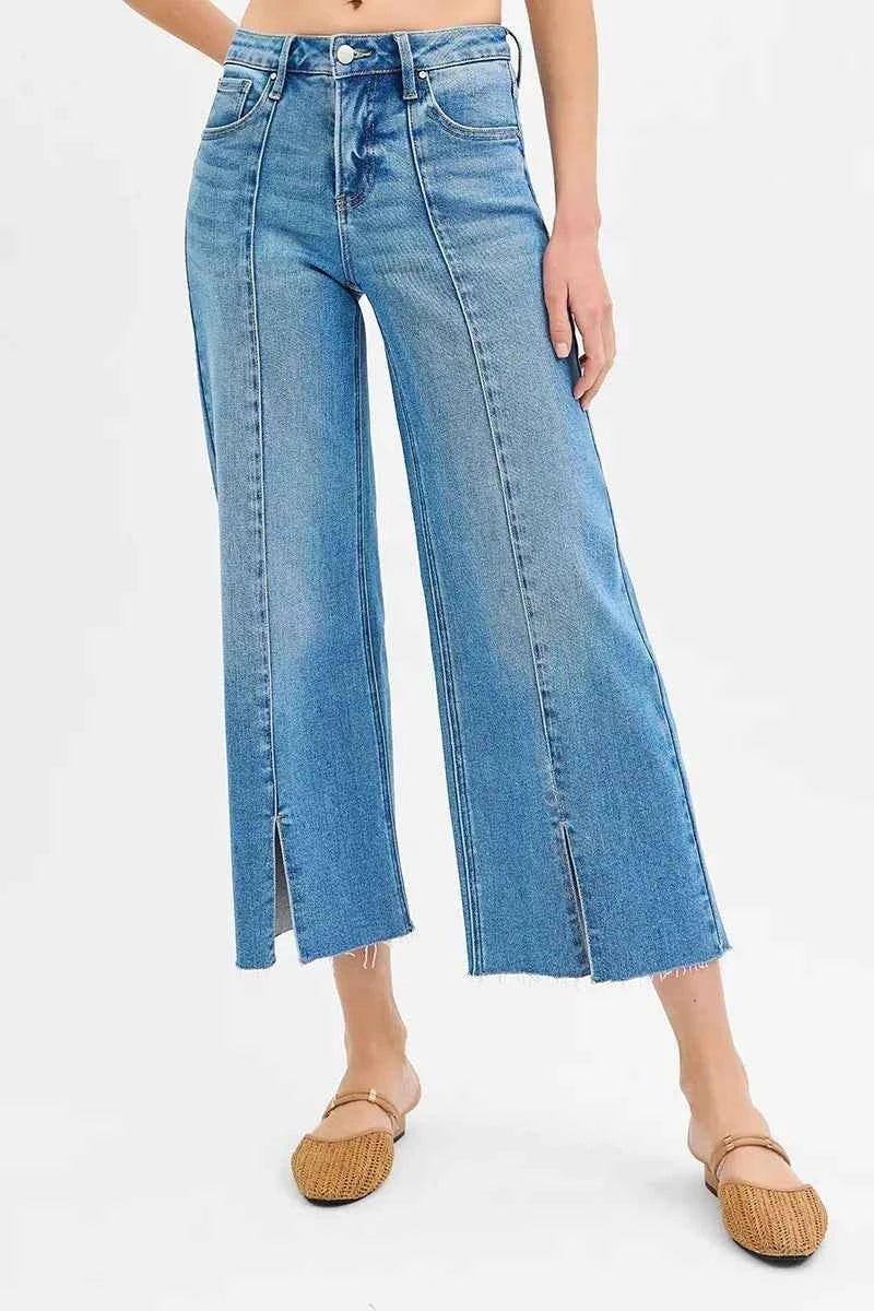 RISEN Tummy Control Wide Leg Jeans with Mid Rise and Front Slit - MegaSuperStar