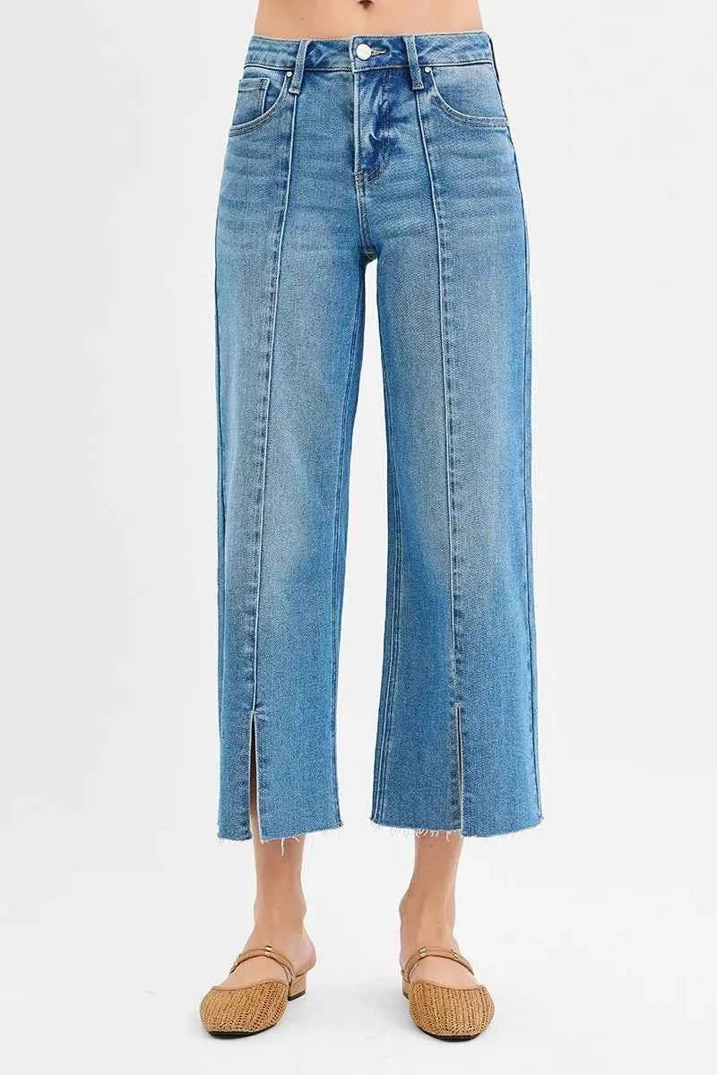 RISEN Tummy Control Wide Leg Jeans with Mid Rise and Front Slit - MegaSuperStar