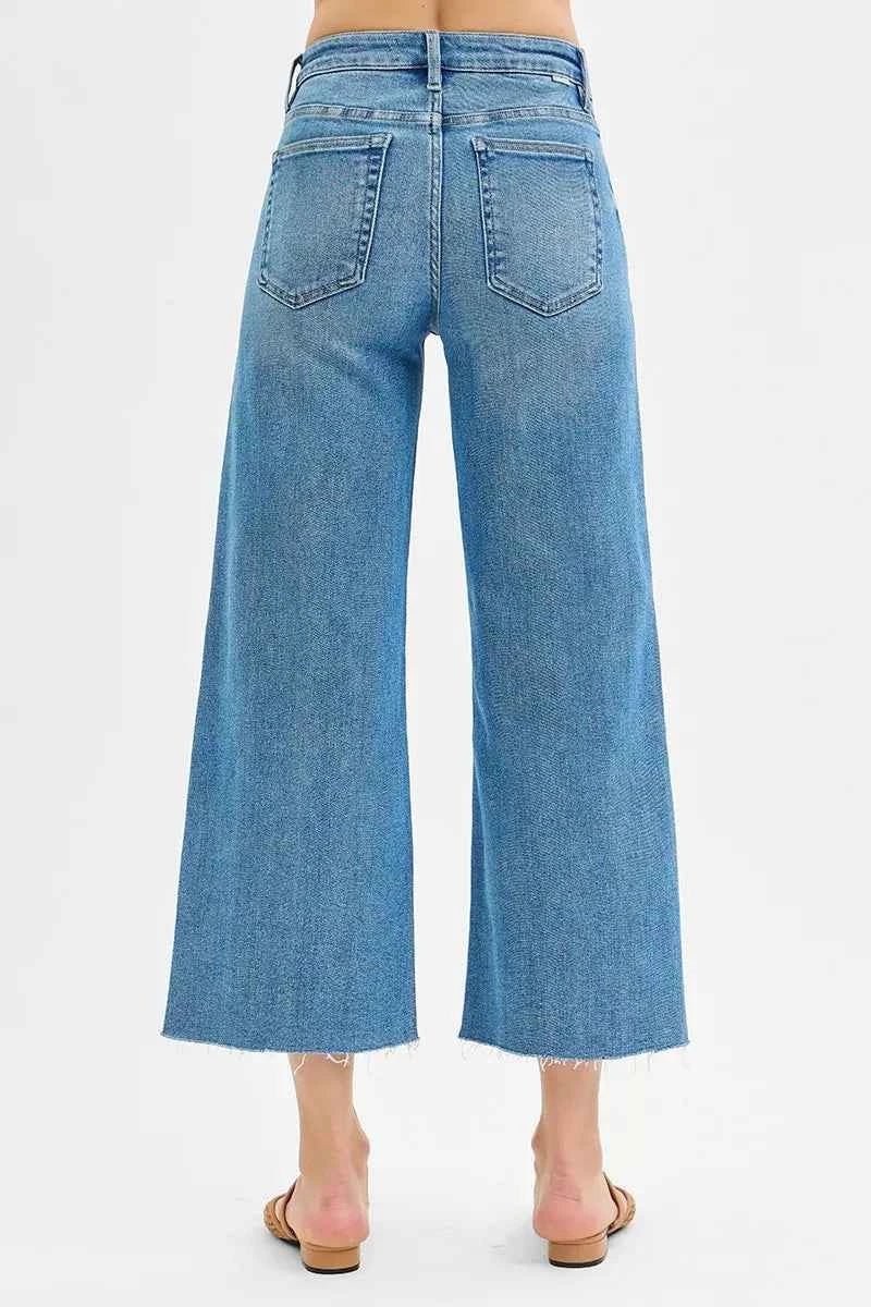 RISEN Tummy Control Wide Leg Jeans with Mid Rise and Front Slit - MegaSuperStar