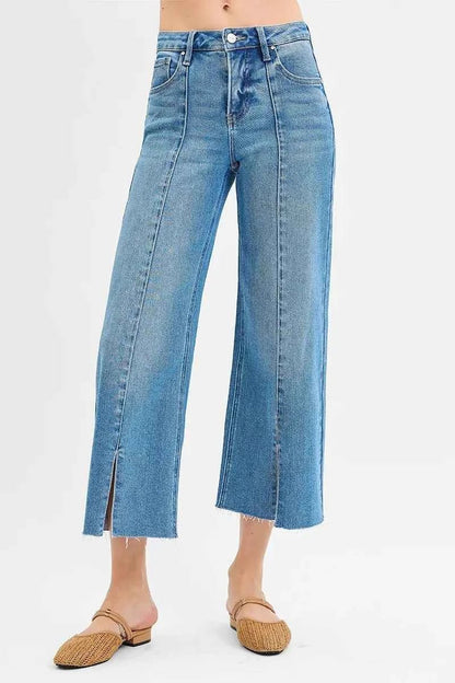 RISEN Tummy Control Wide Leg Jeans with Mid Rise and Front Slit - MegaSuperStar