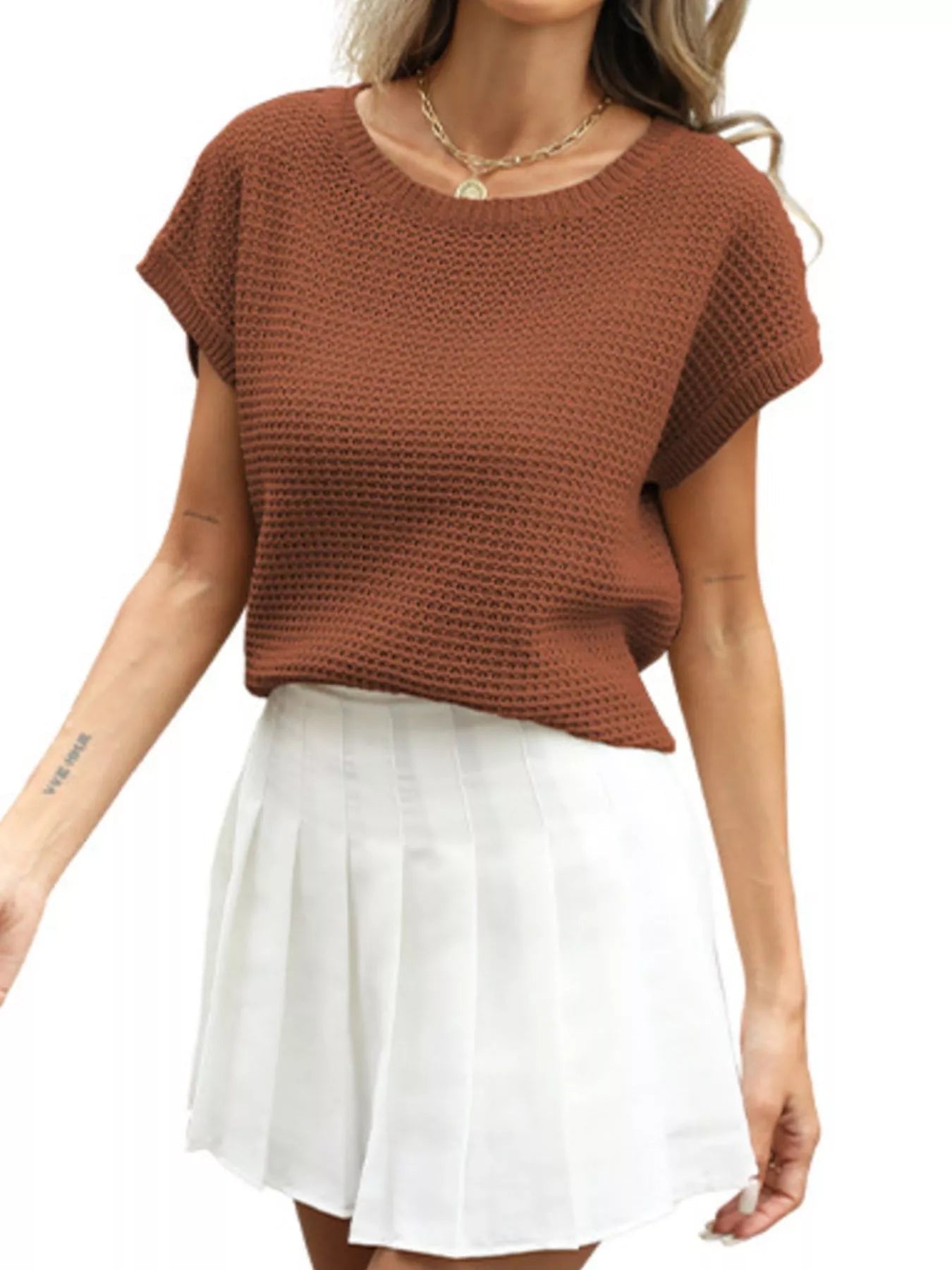Round Neck Waffle Knit Top - MegaSuperStar