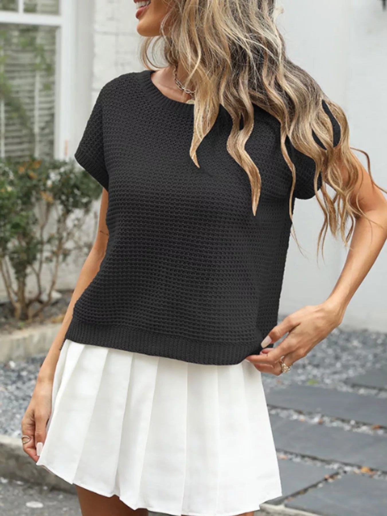 Round Neck Waffle Knit Top - MegaSuperStar