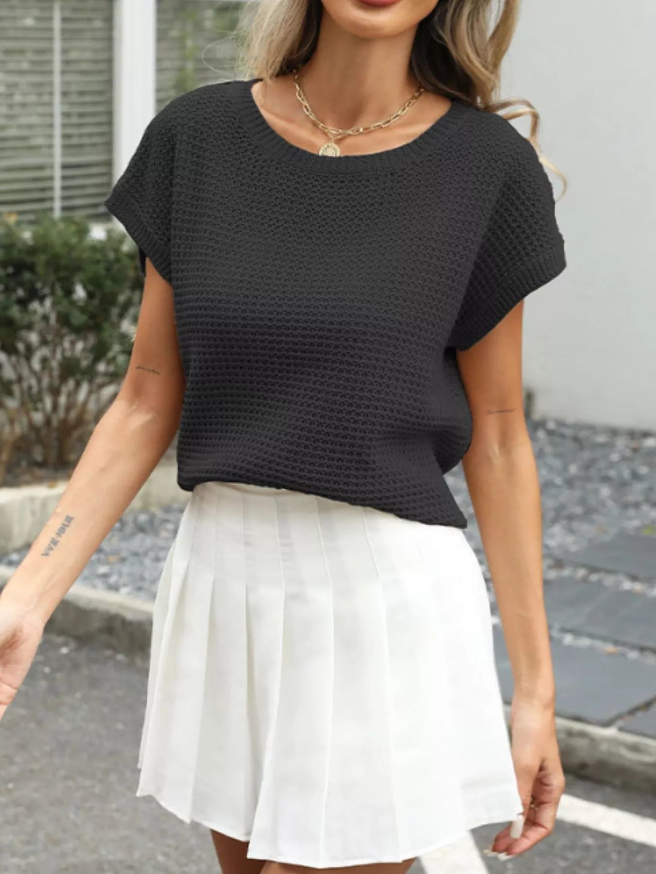 Round Neck Waffle Knit Top - MegaSuperStar