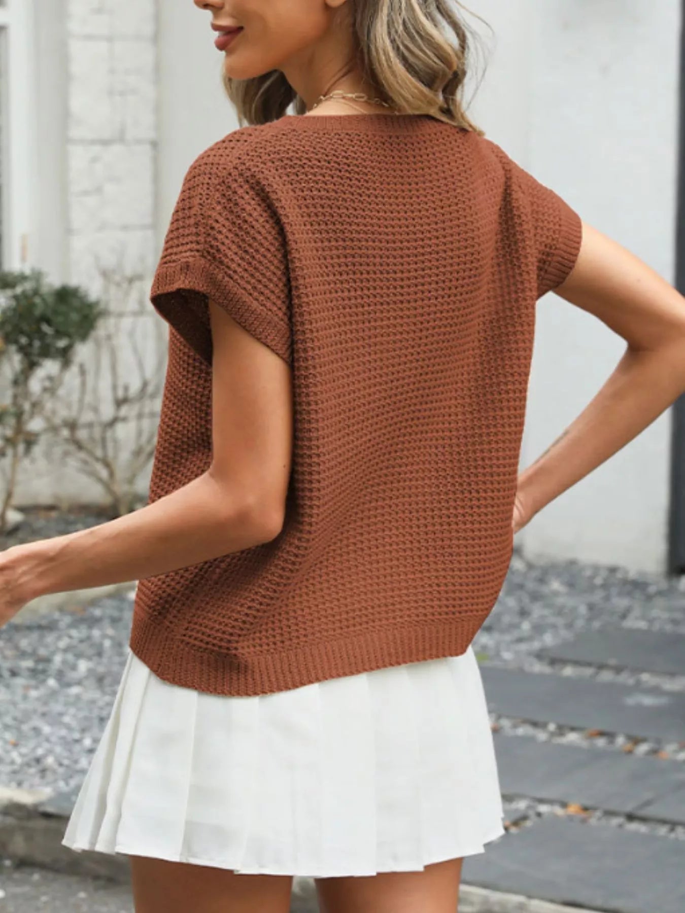 Round Neck Waffle Knit Top - MegaSuperStar