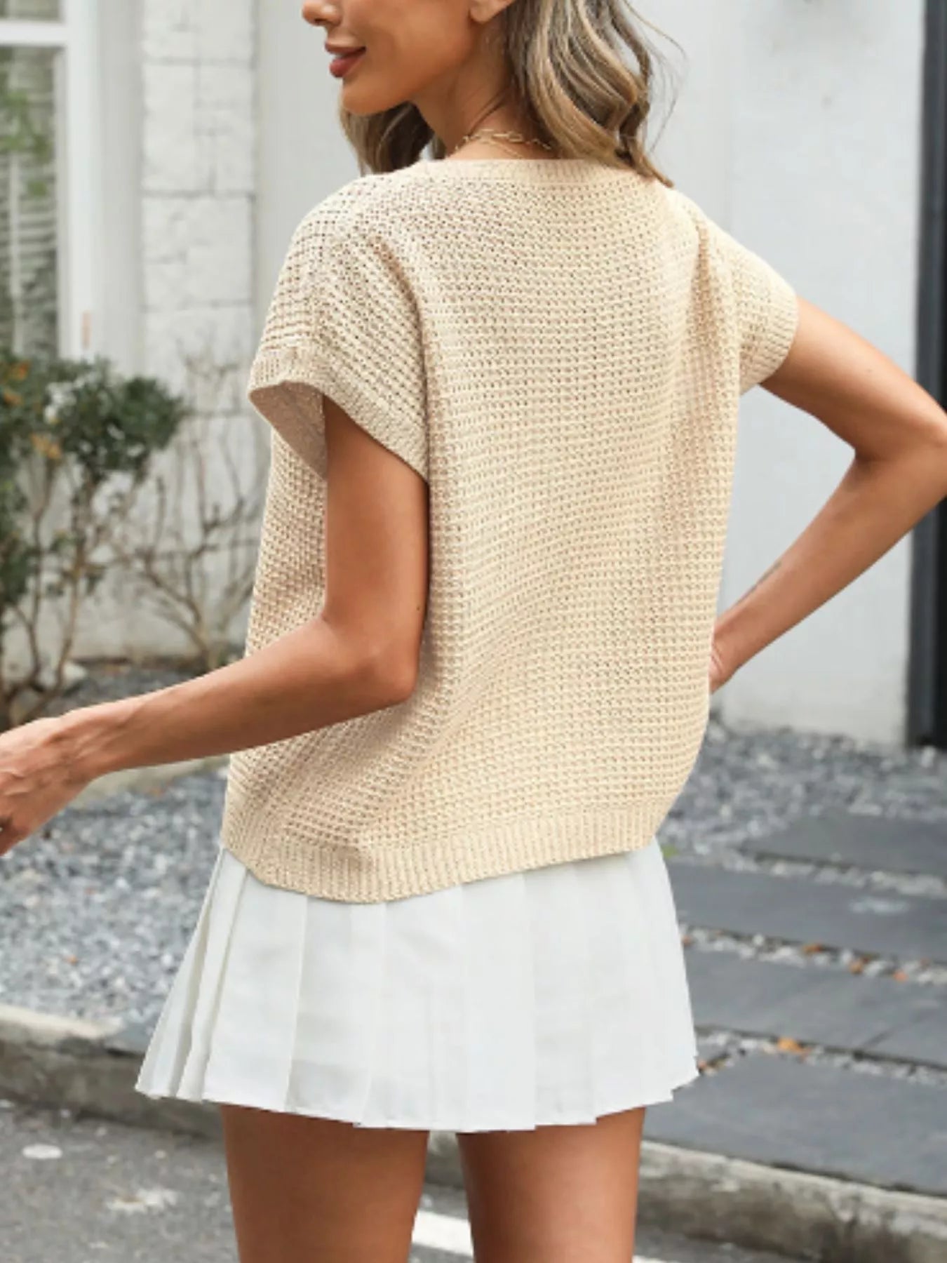 Round Neck Waffle Knit Top - MegaSuperStar