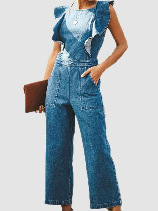Ruffled Sleeveless Denim Jumpsuit - MegaSuperStar