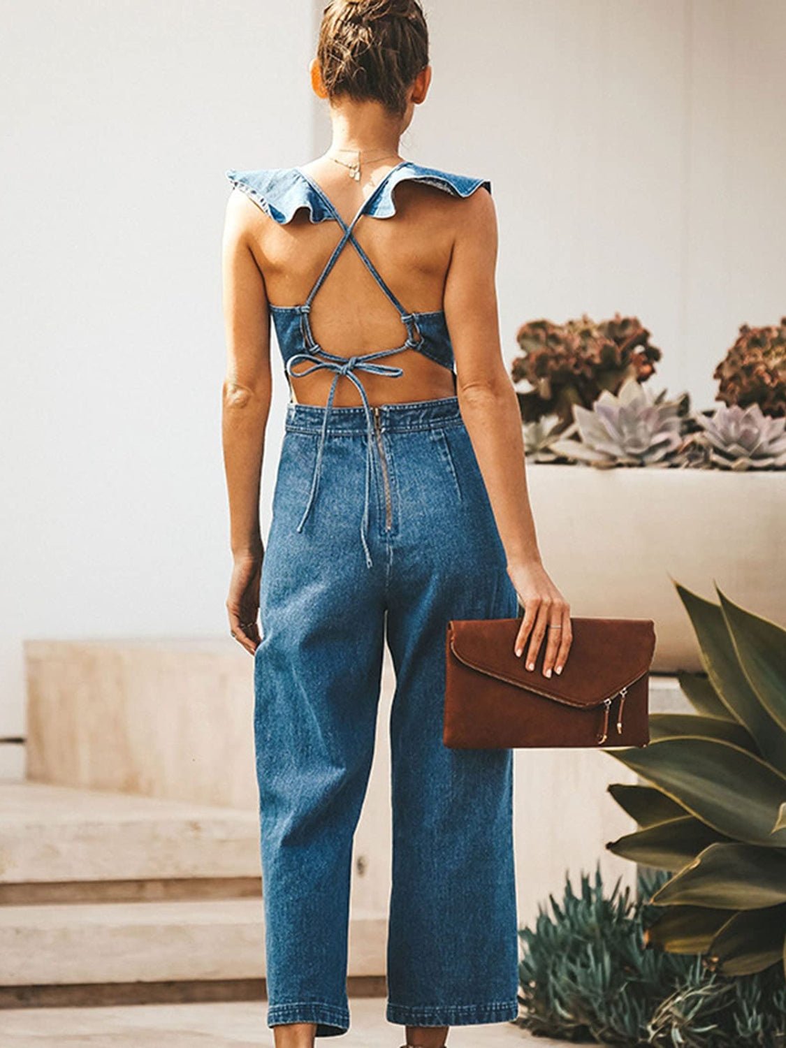 Ruffled Sleeveless Denim Jumpsuit - MegaSuperStar