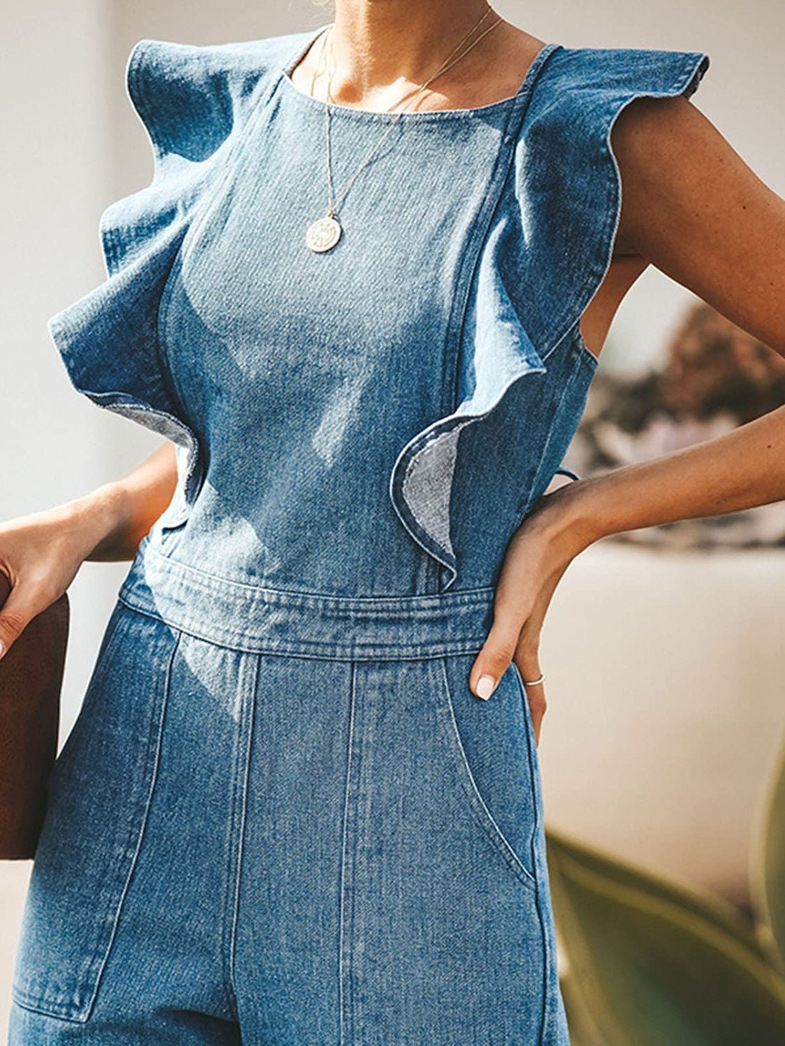 Ruffled Sleeveless Denim Jumpsuit - MegaSuperStar