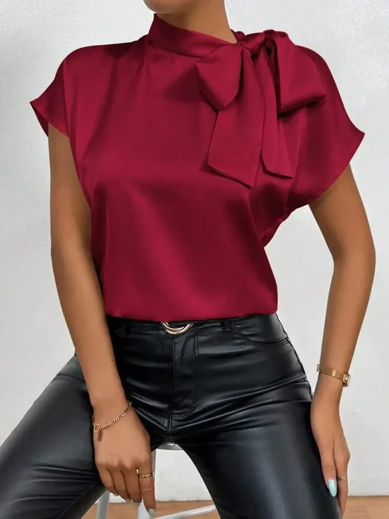 Satin Bow Tie Neck Blouse - MegaSuperStar