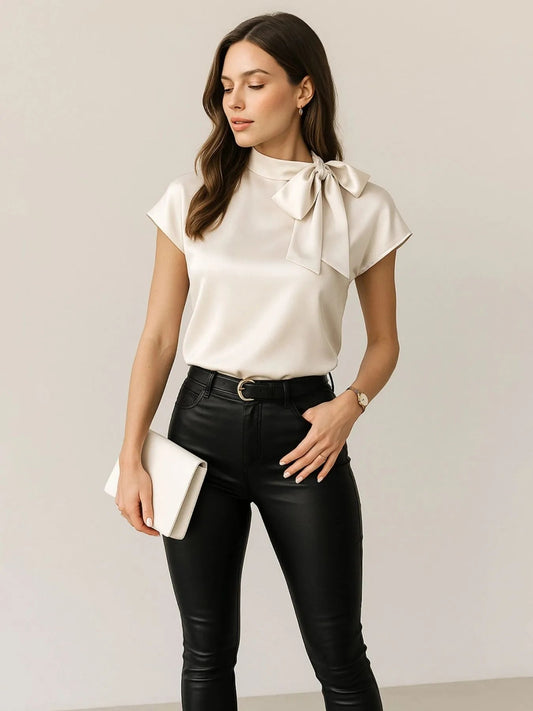 Satin Bow Tie Neck Blouse - MegaSuperStar