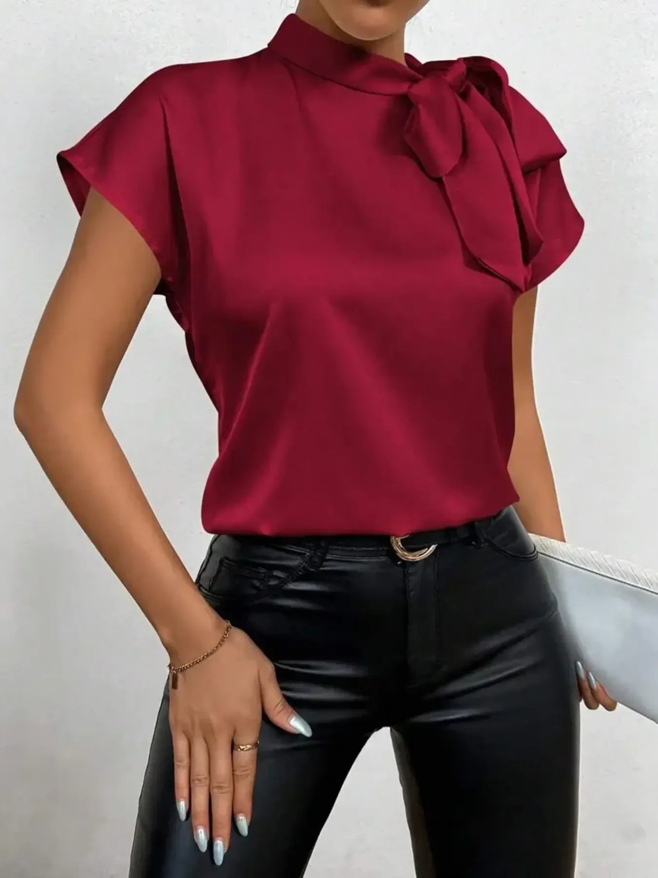 Satin Bow Tie Neck Blouse - MegaSuperStar