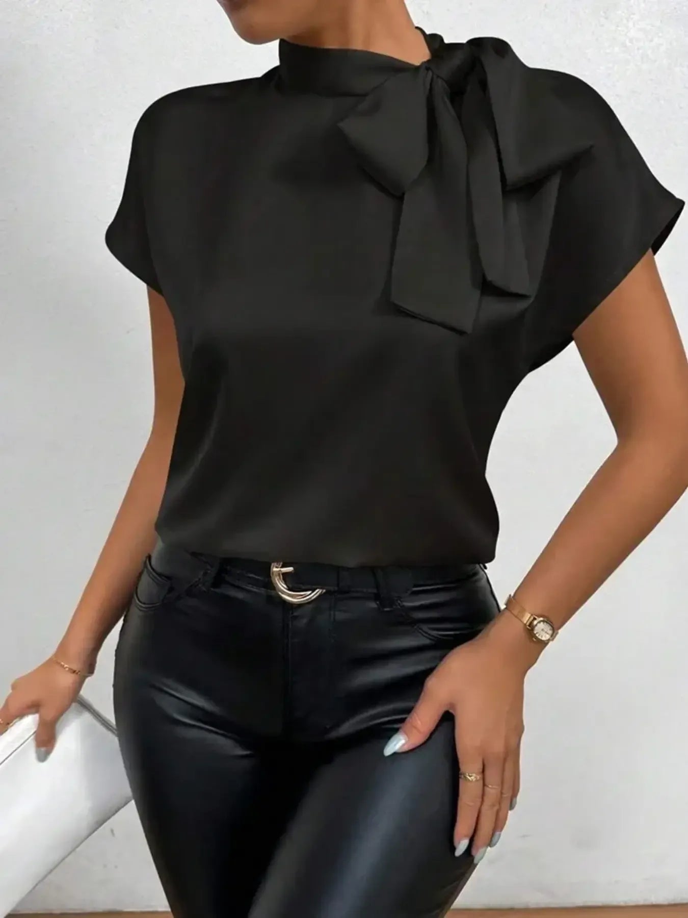 Satin Bow Tie Neck Blouse - MegaSuperStar