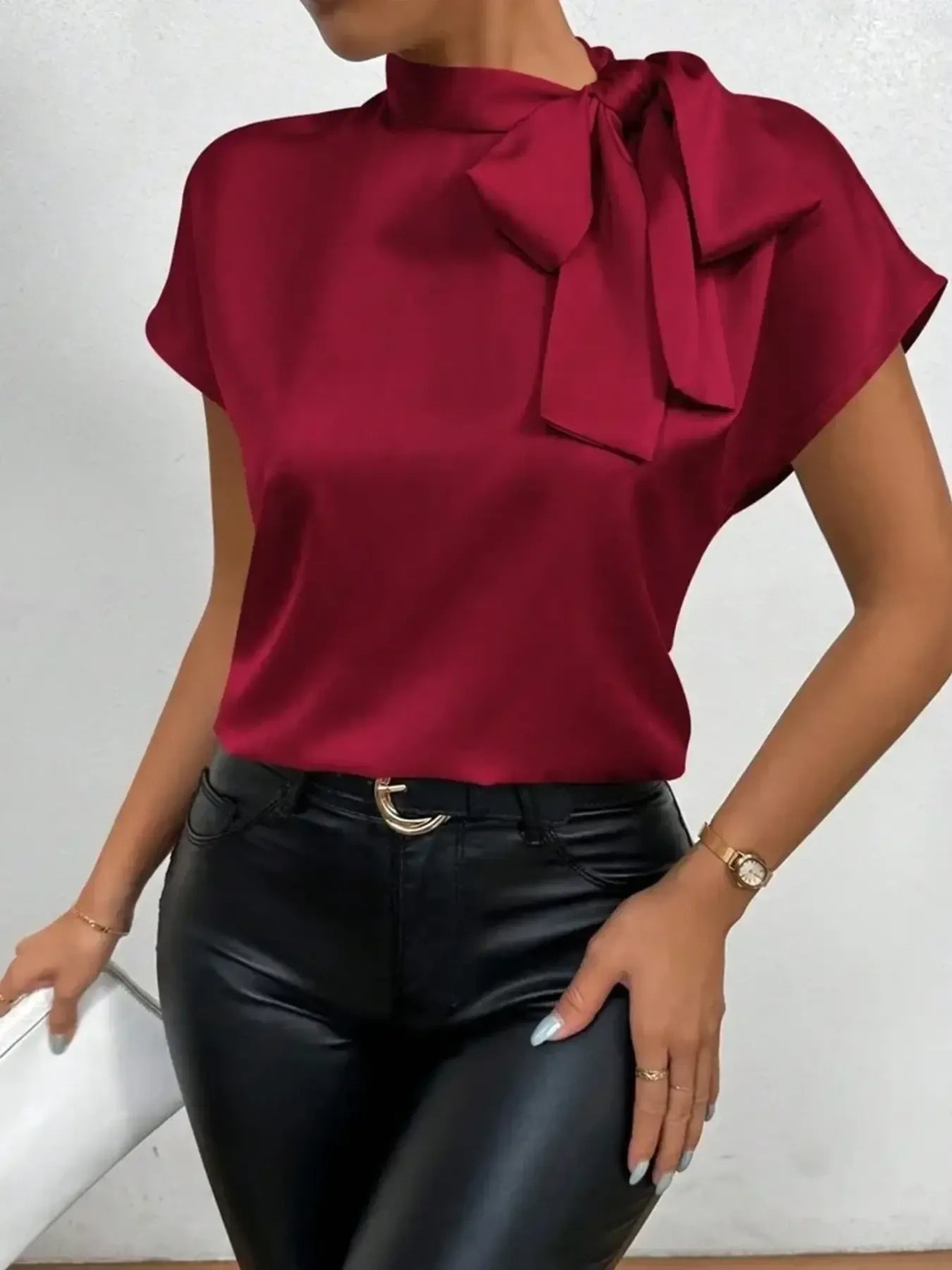 Satin Bow Tie Neck Blouse - MegaSuperStar