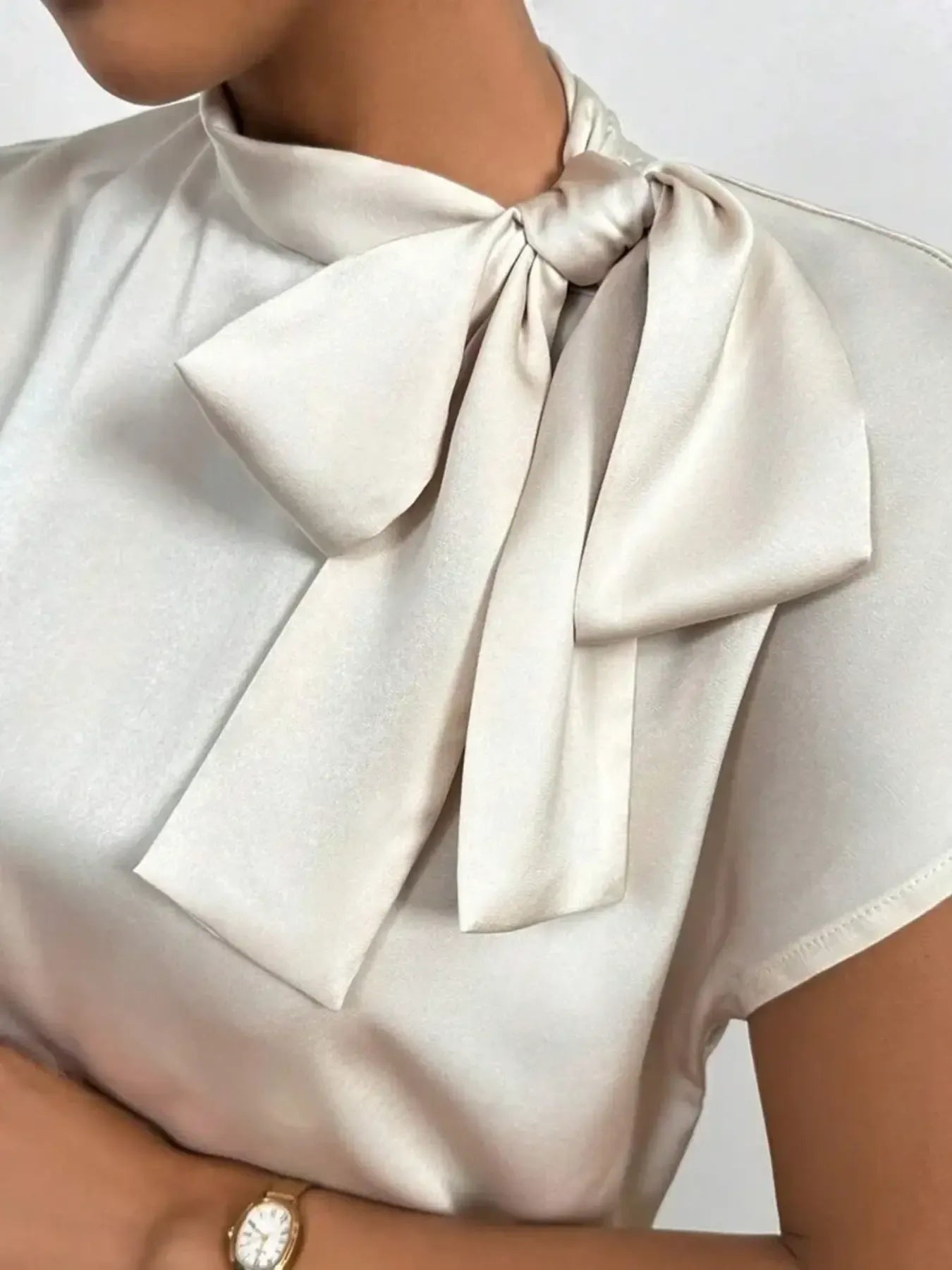 Satin Bow Tie Neck Blouse - MegaSuperStar