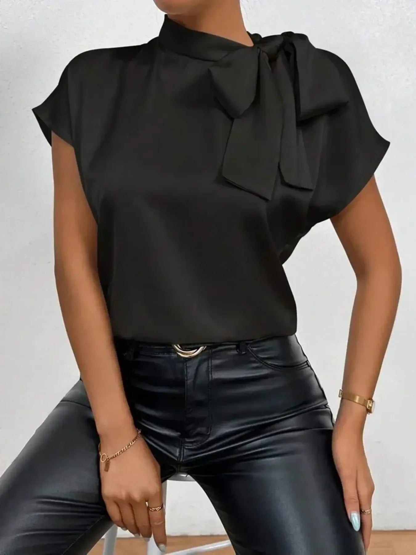 Satin Bow Tie Neck Blouse - MegaSuperStar
