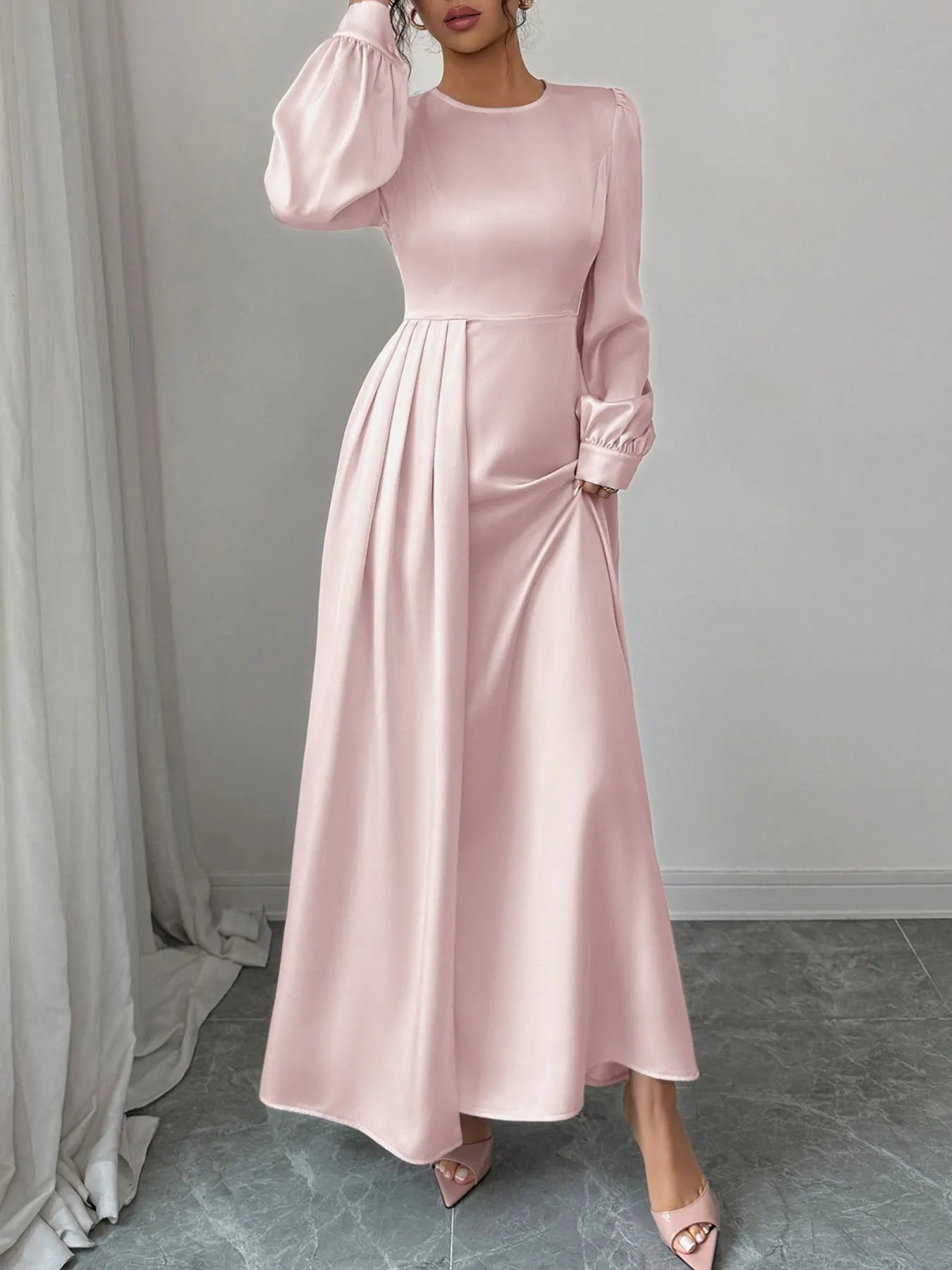 Satin Long Sleeve Maxi Dress - MegaSuperStar