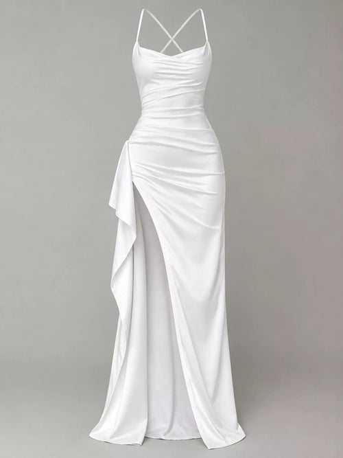 Customer styling Satin Ruched High-Slit Maxi Dress