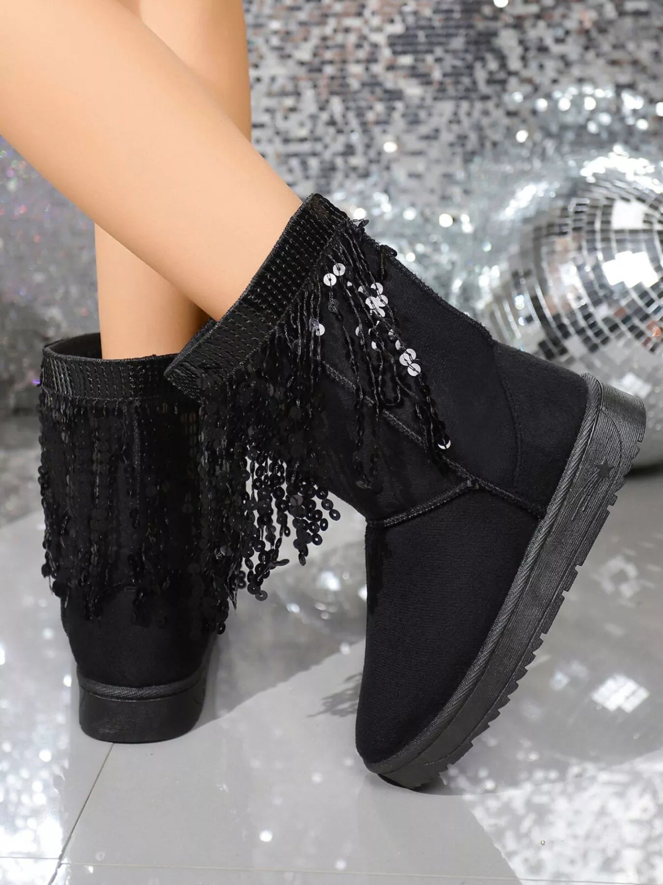 Sequin Fringe Suede Winter Boots - MegaSuperStar