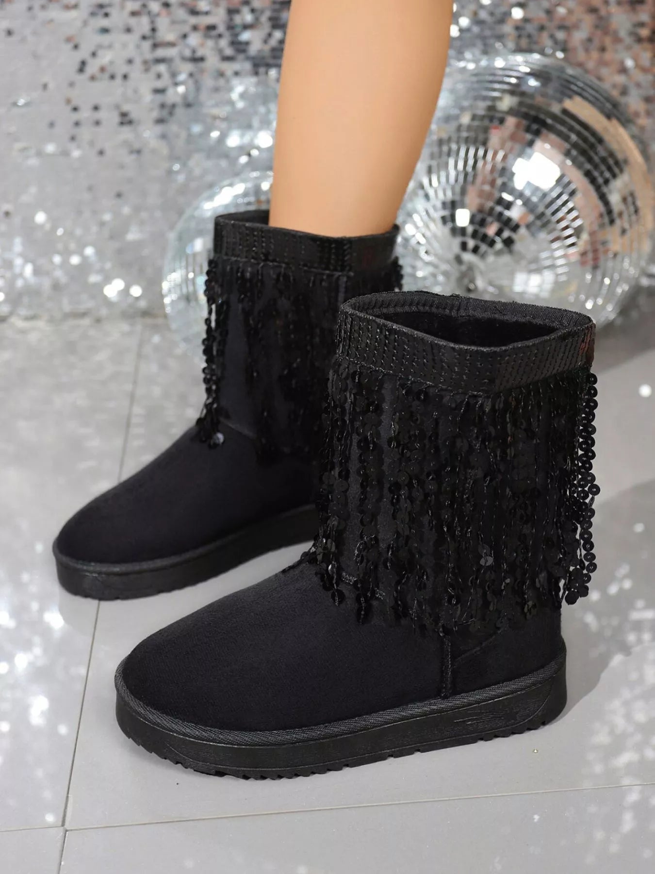 Sequin Fringe Suede Winter Boots - MegaSuperStar