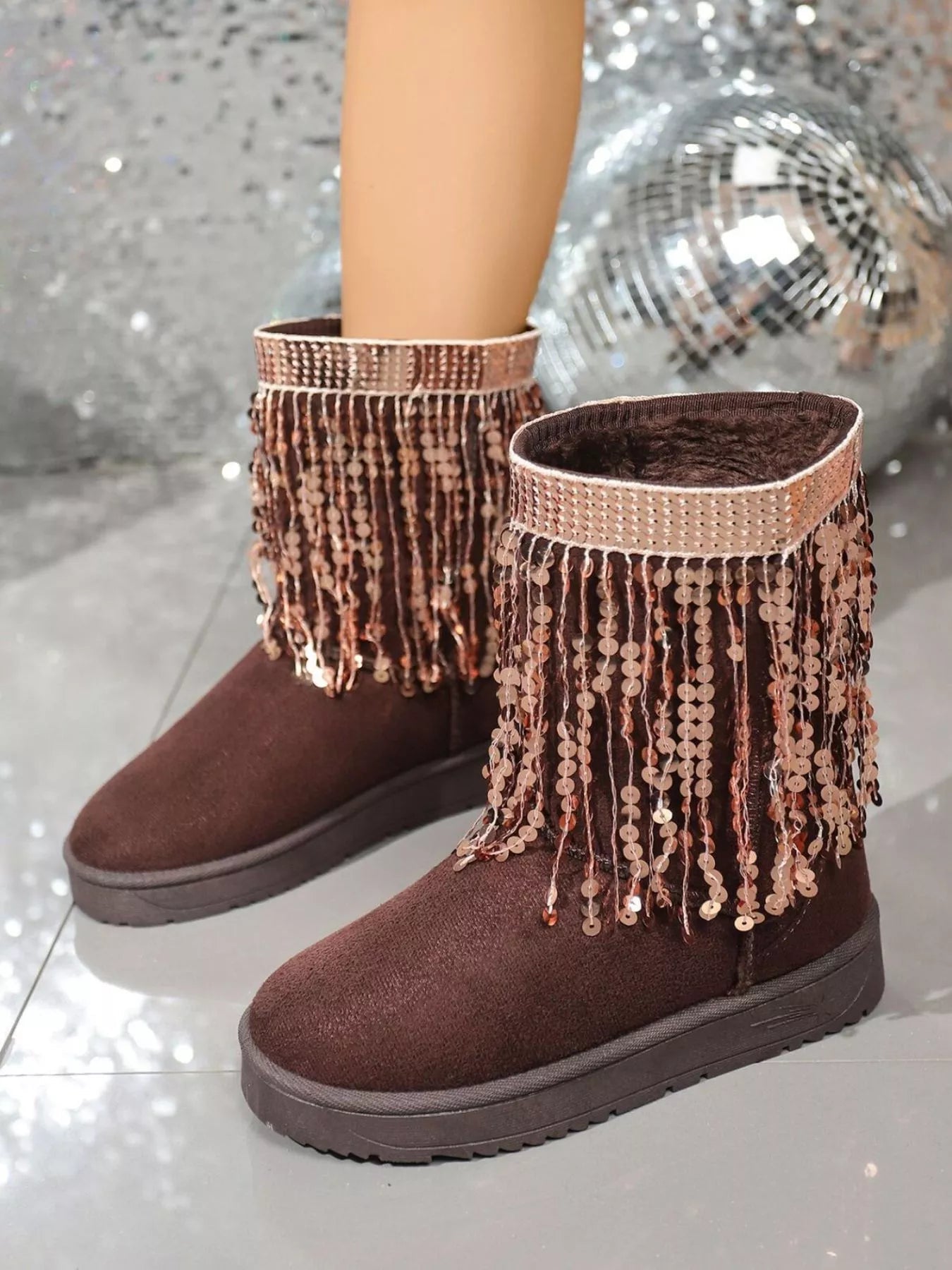 Sequin Fringe Suede Winter Boots - MegaSuperStar