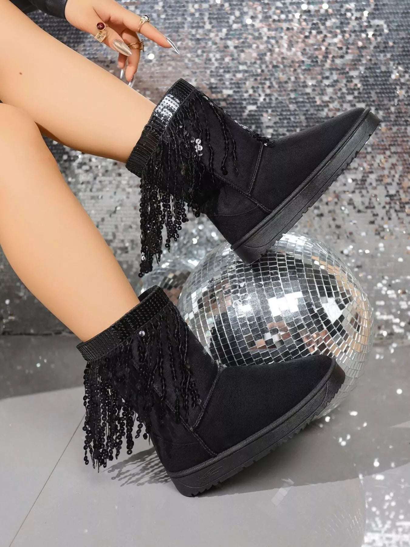 Sequin Fringe Suede Winter Boots - MegaSuperStar