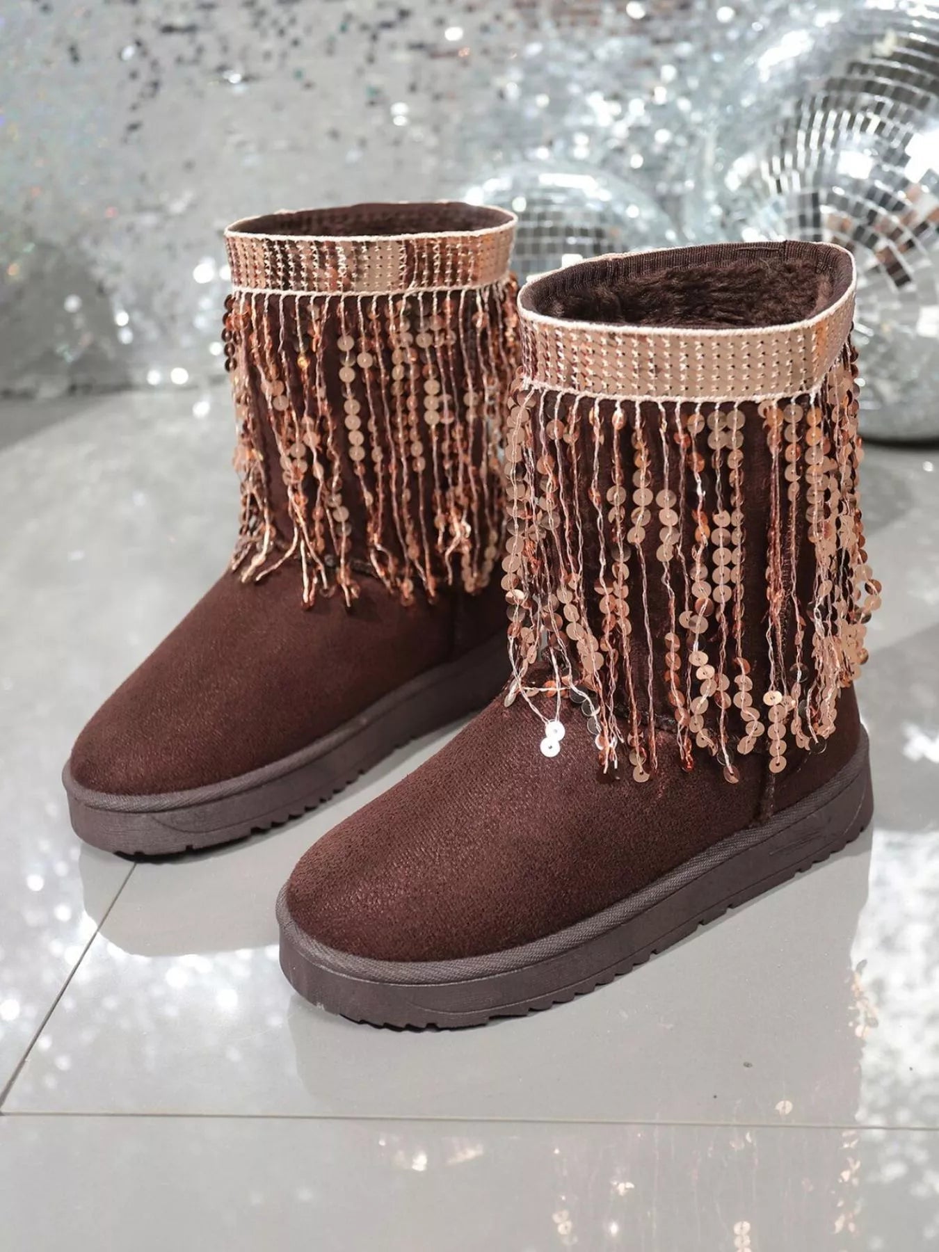 Sequin Fringe Suede Winter Boots - MegaSuperStar