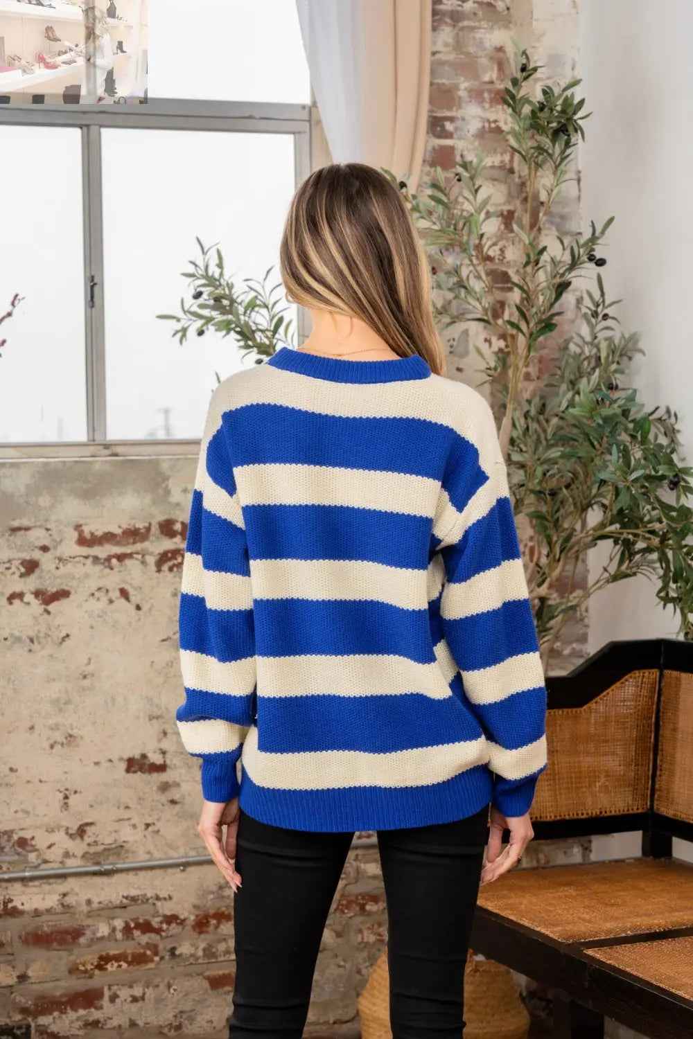 Sew In Love Full Size Contrast Striped Round Neck Sweater - MegaSuperStar
