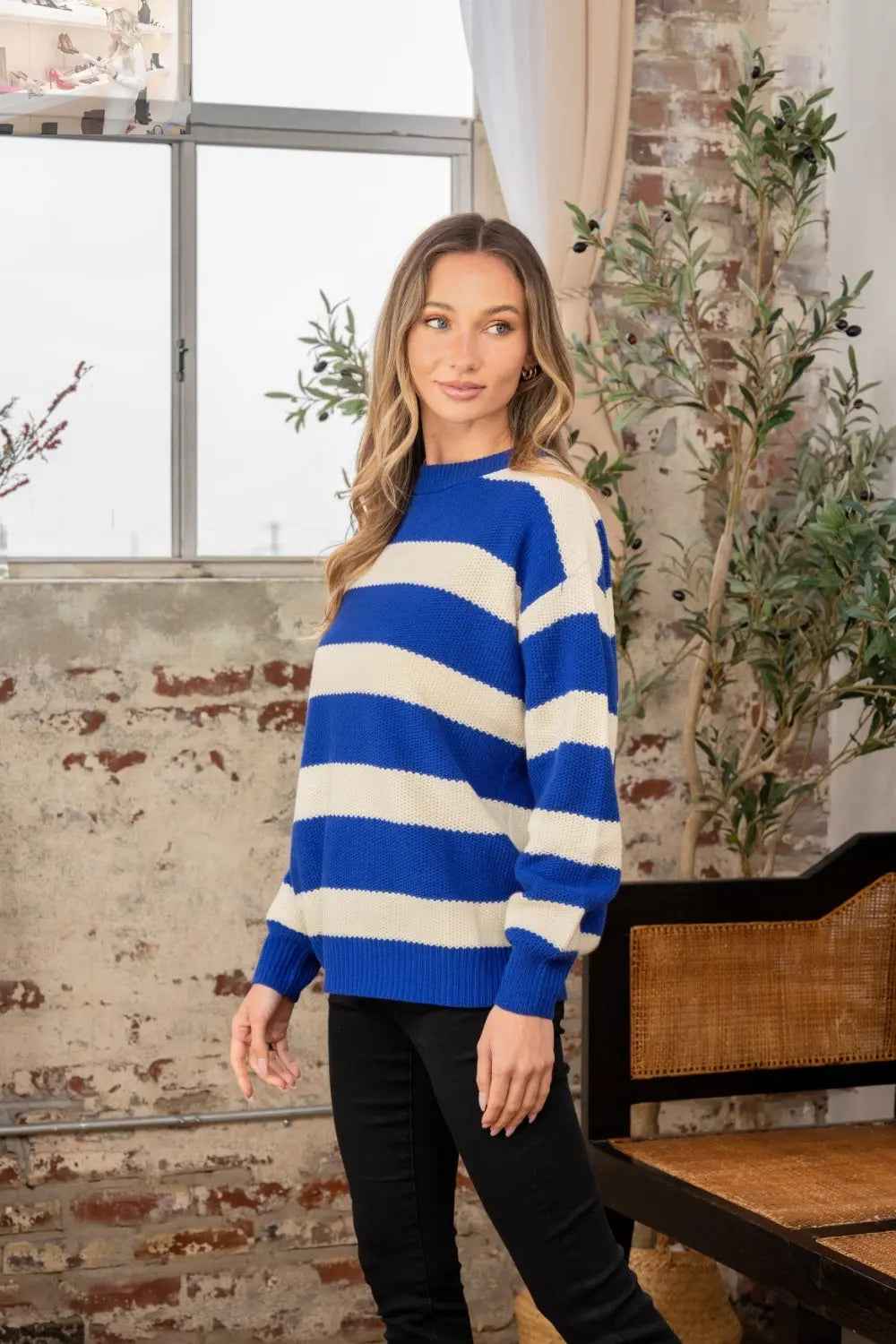 Sew In Love Full Size Contrast Striped Round Neck Sweater - MegaSuperStar