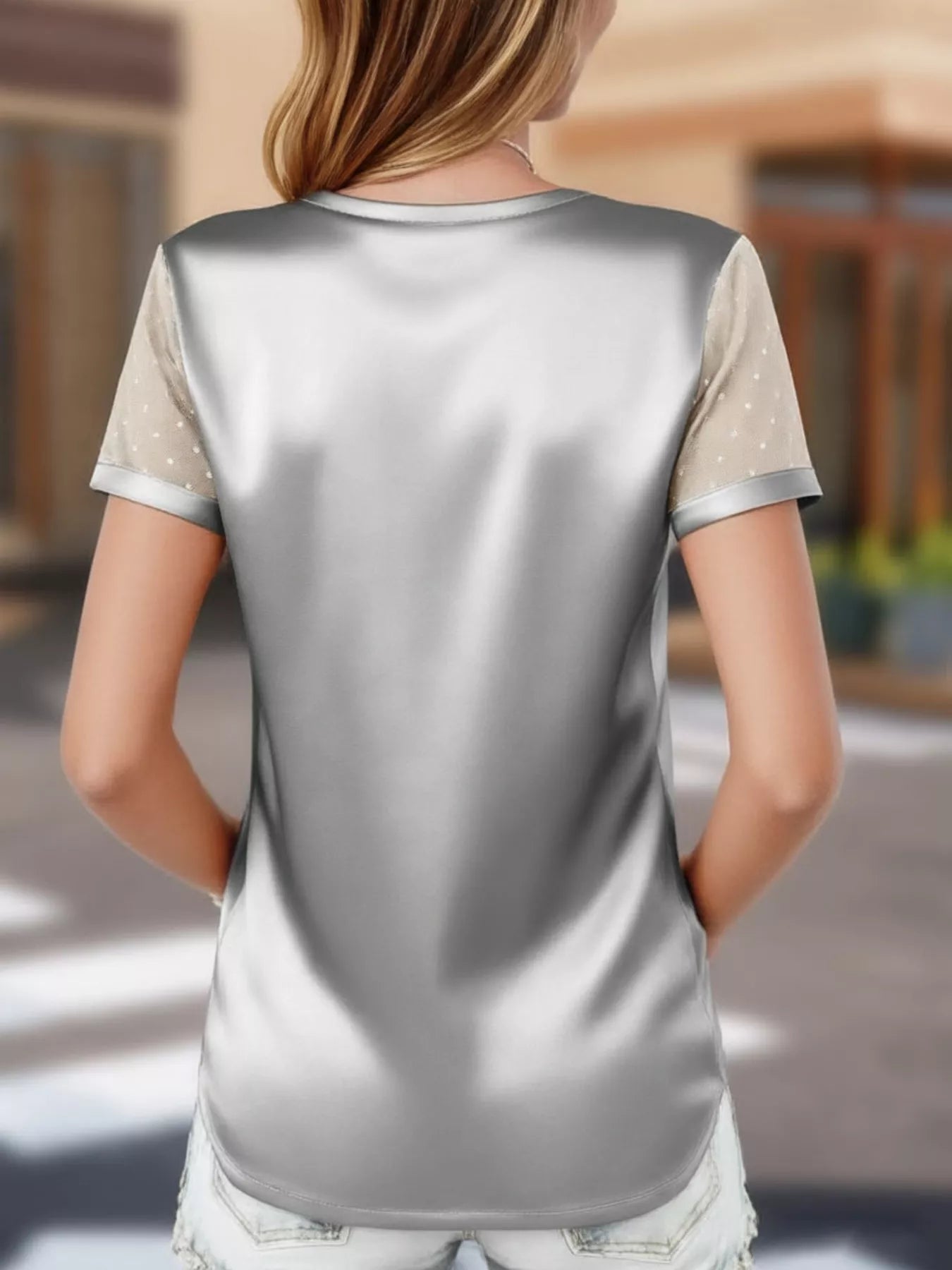 Sheer Sleeve V - Neck Top - MegaSuperStar