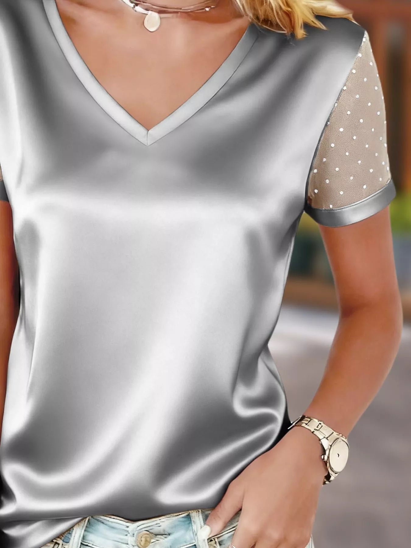 Sheer Sleeve V - Neck Top - MegaSuperStar